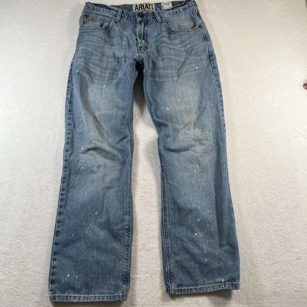 Ariat M2 Relaxed Boot Jeans Mens 32x30 Blue Light Wash Distressed Paint Denim
